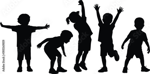 Silhouette of joyful children jumping and playing together, active childhood and fun concept isolated on white background showing energy, happiness, freedom, and healthy lifestyle