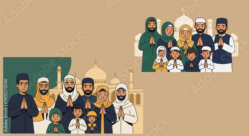 Diverse group of muslim families and community members standing together praying or greeting with hands folded on transparent background