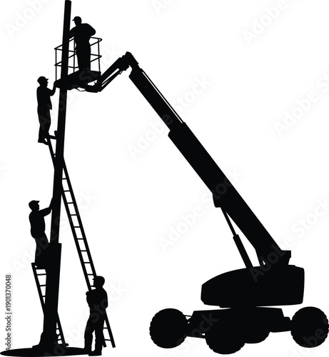 Silhouette of construction workers using crane and ladder for industrial maintenance teamwork concept isolated on white background showing safety, engineering, labor, and professional work