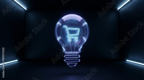 Glowing light bulb with shopping cart icon inside on dark background with neon lights