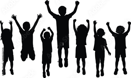 Happy children silhouettes jumping with raised hands isolated on white background joyful kids celebration freedom energy childhood fun illustration concept design