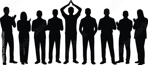 Business people silhouette group applauding and celebrating success together, corporate team recognition, achievement and motivation concept isolated on white background illustration