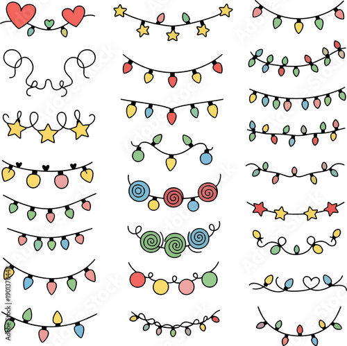 Hand Drawn Doodle String Lights and Garland Vector Set