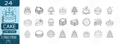 Cake and dessert line icon set, birthday celebration sweet food symbol, cupcake and pastry bakery item, wedding cake and macaron, delicious treat vector illustration with editable stroke.