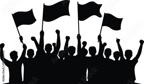 Protest crowd silhouette with raised fists and waving flags, people demonstrating together for freedom, unity and social movement concept isolated on white background illustration
