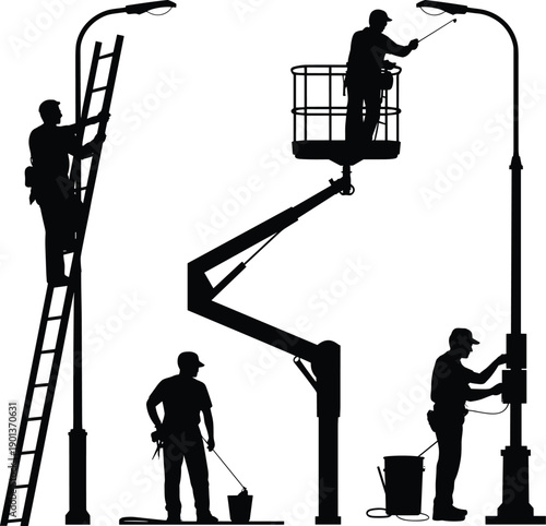 Street maintenance worker silhouette set showing technicians repairing and cleaning street lights using ladder and lift equipment, urban service and utility work concept isolated on white background