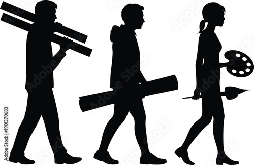 Creative professionals silhouette set showing builder, craftsman and artist walking with tools, construction and art occupation concept collection isolated on white background illustration