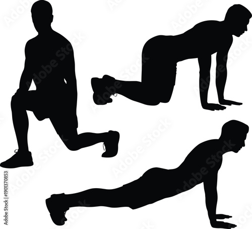 Male fitness silhouette showing lunges, plank and bodyweight floor exercises, strength training and workout poses collection isolated on white background for health concept illustration