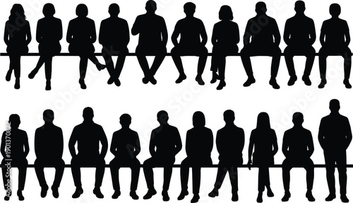 People silhouette group sitting on bench showing diverse men and women waiting together, crowd lineup and social gathering concept isolated on white background illustration