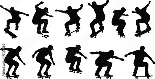 Skateboarder black silhouette set, men skating in different poses, extreme street sport action, jump and trick vector illustration isolated on white background.
