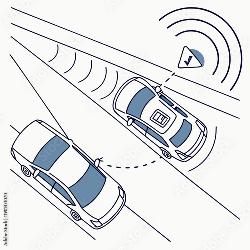 Adaptive cruise control system with distance mapping, intelligent automotive driver assistance technology concept, vector graphic.