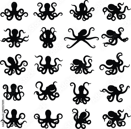 Octopus silhouettes collection showing multiple tentacle poses, marine sea creature shapes, and underwater animal icons isolated on gray background