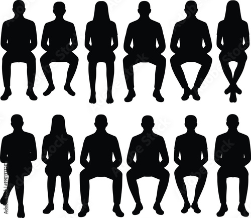 Diverse group of sitting people silhouettes front view collection for audience assembly, waiting room area, public transportation seating, corporate seminar participants, and cinema theater viewers.