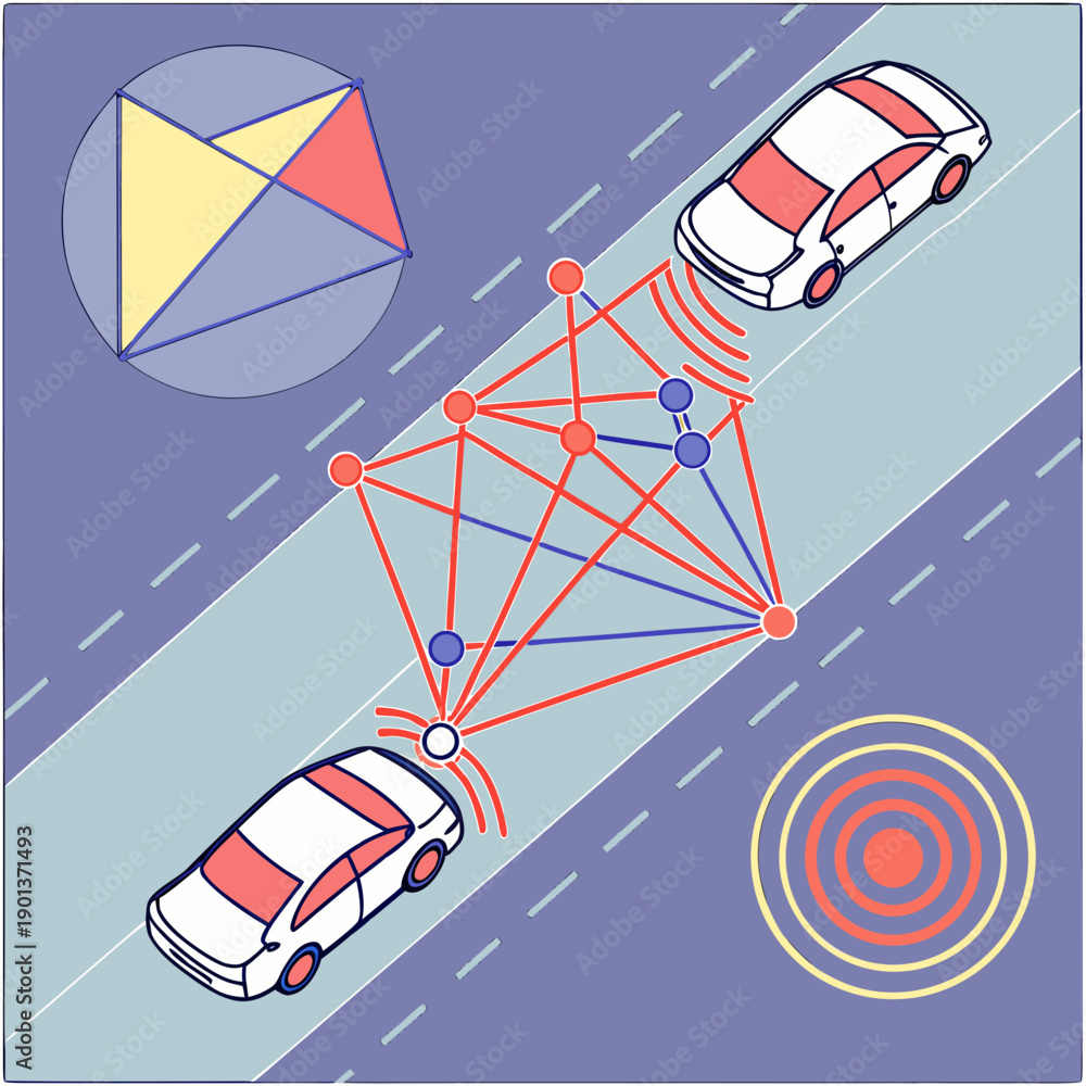 Fototapeta premium Advanced vehicle AI perception layers visualization with interconnected modules for intelligent autonomous systems.