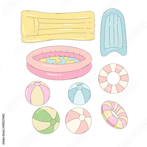 Pastel Pool Float Inflatable Set Vector Illustration with Raft Ring Ball and Lounger for Summer Beach Vacation Playful Cartoon Design