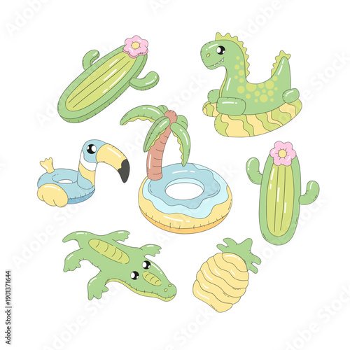 Cute Pastel Pool Float Inflatable Vector Illustration with Dinosaur Crocodile Toucan Cactus Pineapple and Palm Ring Playful Summer Clipart for Kids