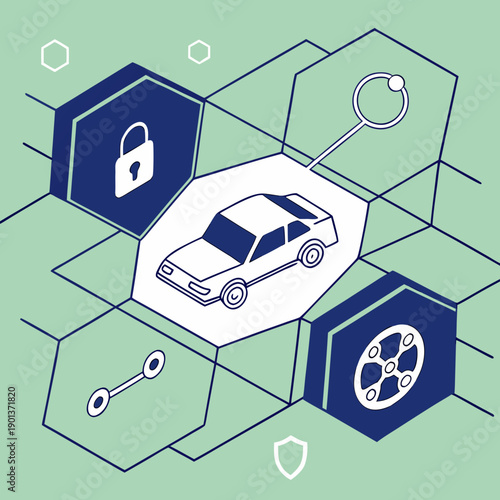 Automotive blockchain for secure vehicle data sharing, conceptualizing a decentralized digital ledger for transactions.