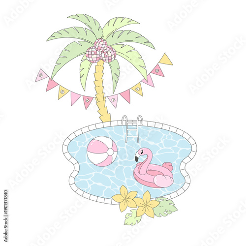 Tropical Pool Party Illustration with Flamingo Float, Palm Tree, Summer Ball and Festive Bunting in Cute Pastel Cartoon Style