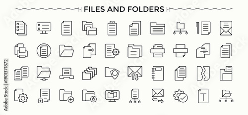 Set of Files and Folders line icon. Related to data, file, folder, archive, download, form, page and more. Vector icons collection. Doc icon. Editable stroke. Vector illustration.