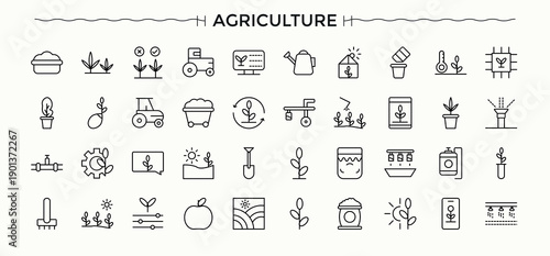 Agriculture icon set. Contain linear symbols plant, agro, farm, harvest, garden and more. Gardening icon set in linear style. UI icons set in a thin style. Vector artwork and illustration.