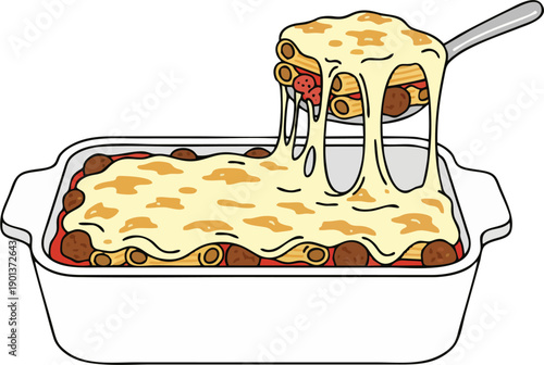 Spoon scooping cheesy casserole slice with mozzarella stretch from white baking dish