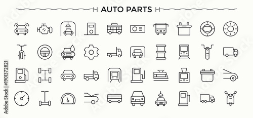 Auto Parts icon set. Collection for mobile and web apps. Includes symbols for spare, engine, automotive, part, repair, auto. Editable stroke. Pixel Perfect. Service icon set.