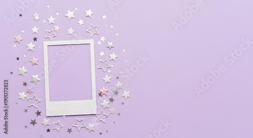Galentines Day photo frame with pastel stars on purple background
