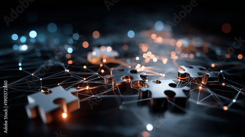API integration represented by interlocking digital puzzle pieces, defocused illuminated against high-tech abstract backdrop, flowing data lines, connectivity concept, with copy