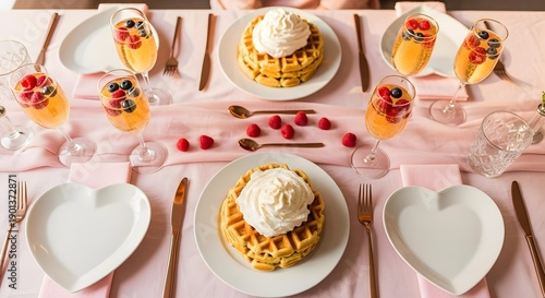 Galentines Day brunch table with waffles and champagne