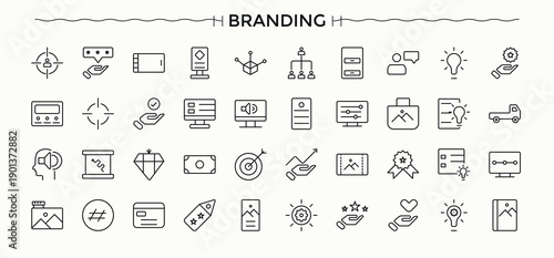 Branding line icon set. Outline icons in linear style. Includes thin line symbols strategy, social, product, customer. Editable stroke collections. Brand icon set.