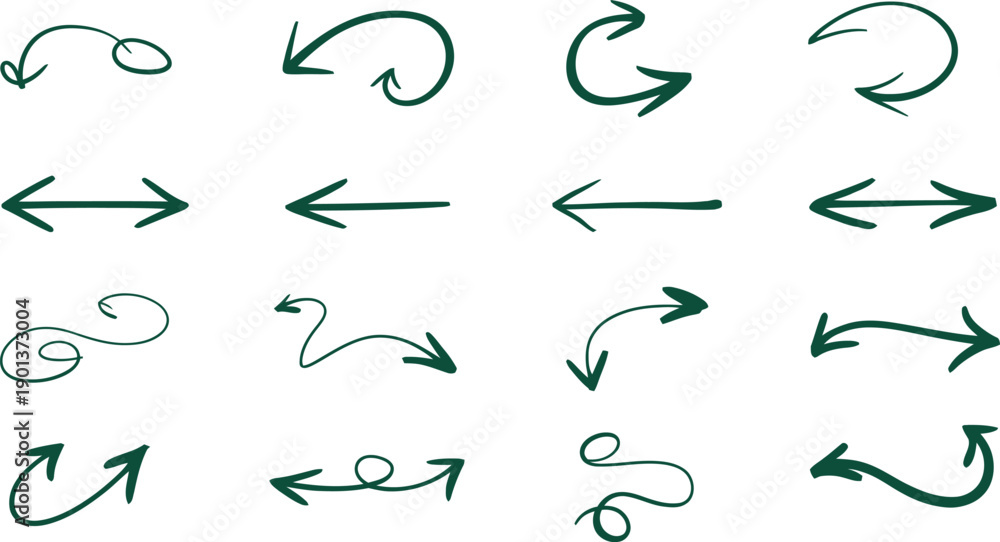Fototapeta premium Set of Green Hand Drawn Decorative Arrow Icons Featuring Elegant Curls Spirals Swirls and Sketched Directional Pointers for Creative Design