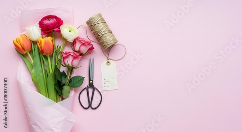 Galentines Day wrapped bouquet with flowers, scissors and gift tag