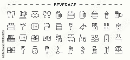 Beverage icon set. Minimal icons set. Editable stroke. Wine icon set. Contain linear symbols wine, champagne, soda, cocktail, juice, drink and more.