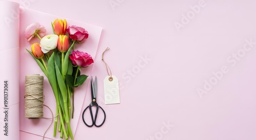 Galentines Day bouquet materials with blank gift tag on pink surface