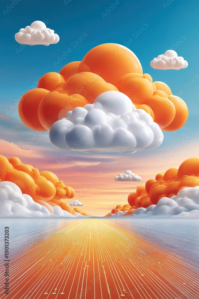 Fototapeta premium Abstract cloudscape with orange and white clouds over a glowing circuit road at sunrise