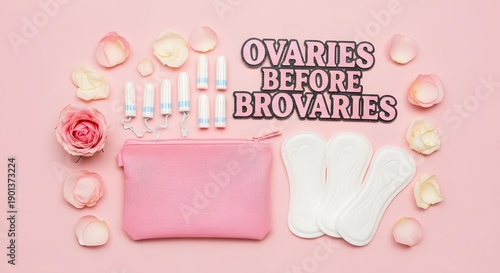 Galentines Day period essentials with Ovary slogan and rose petals