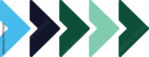 Set of Five Colorful Chevron Arrow Icons in Blue Black and Green Shades Featuring Modern Geometric Pointers for Progress and Navigation Design