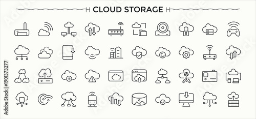 Cloud Storage linear icon collection. Minimal thin line web icons set. Storage icon. Pack of tech, data, technology, cloud server, server, computing and more.