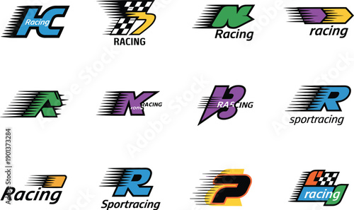 Sport car vinyl stripe vector set, modern wrap design templates with vehicle emblems and race badges for motorsport graphics, automotive branding, custom decals, and performance car styling
