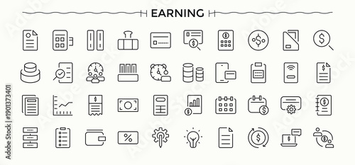 Earnings icon. UI icons set in a thin style. Earnings icon set. Includes thin line symbols revenue, money, accounting, payment, income and more.