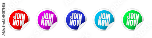 Join now colorful round stickers with curled edge