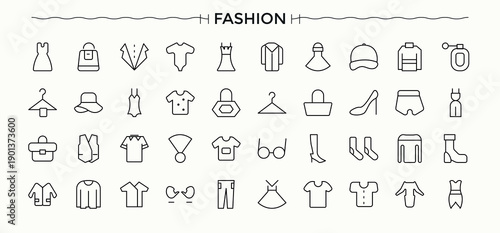 Fashion icon set. Contain linear symbols skirt, wear, dress, cloth, clothes and more. Clothing vector icon set. Modern linear icons. Editable vector art and illustration.