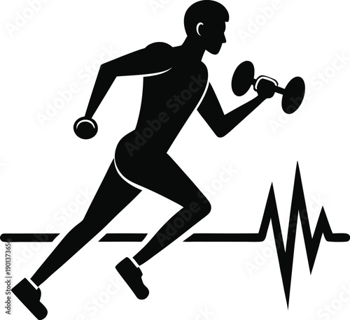 Silhouette of Fitness Man Running with Dumbbells Over Heartbeat Pulse Line Vector Illustration