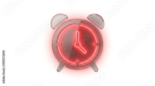 Red neon alarm clock on white background close up view analog time
