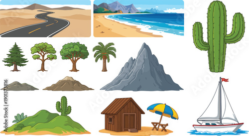 Large Set of Summer Vacation and Nature Landscape Illustrations Featuring Tropical Beaches Desert Roads Mountain Peaks Forest Trees and Cactus Elements