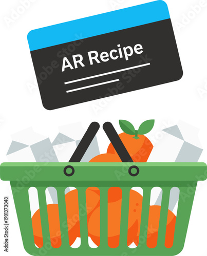 An AR recipe app overlays onto a grocery basket filled with fresh produce. Modern, flat design illustration for smart grocery shopping. Bright, clean, and visually appealing.