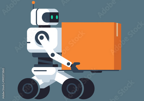 An autonomous robot delivers a logistics parcel. Modern, flat design illustration. Clean, bright, and professional. Ideal for tech and logistics concepts.