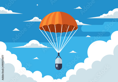 A capsule space recovery mission illustration features a bright orange parachute descending against a blue sky with fluffy clouds. Clean, modern design for commercial use.