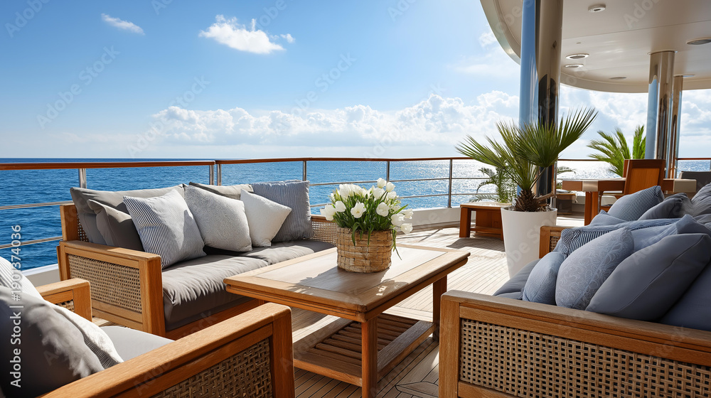 Fototapeta premium Exterior sundeck lounge zone with luxury furniture on super yacht, defocused modern sea vessel, teak deck flooring, clear blue sky, ocean cruise vacation, with copy space