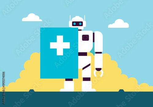 A futuristic robot delivers a package with a Swiss flag, symbolizing sustainable and eco-friendly courier branding. Modern, bright, and dynamic.